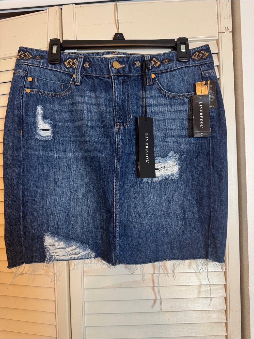 Liverpool Dark Blue Distressed Denim Mini Skirt